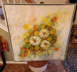 Large Vtg Mid-Century Modern painting original canvas art of daisies