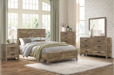 Brand new weathered pine queen bedframe + dresser + mirror + nightstand