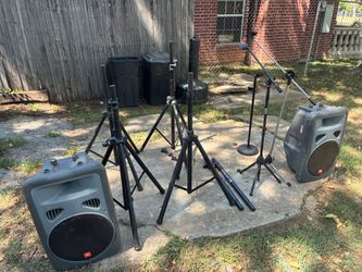 2 old speakers ( 1 a little static)
4 speaker stands 
2 sub speaker stands 
3 mic stands 
Combo deal $200