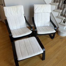 Two Poäng Armchairs w/ Stool