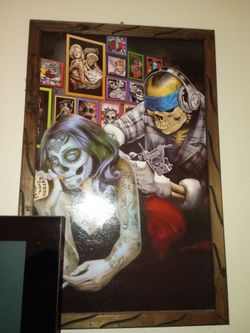 sugar skull art in wood frame