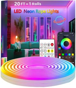 20Ft Neon Rope Lights,Flexible Led Rope Lights Control with App/Remote,Multiple Modes Rope Lights,IP65 Outdoor Waterproof,Music Sync Light Strip for B