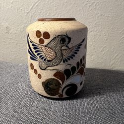 Vintage Tonala Folk Art Vase With Bird Flowers Mexico Stoneware Pottery 4”