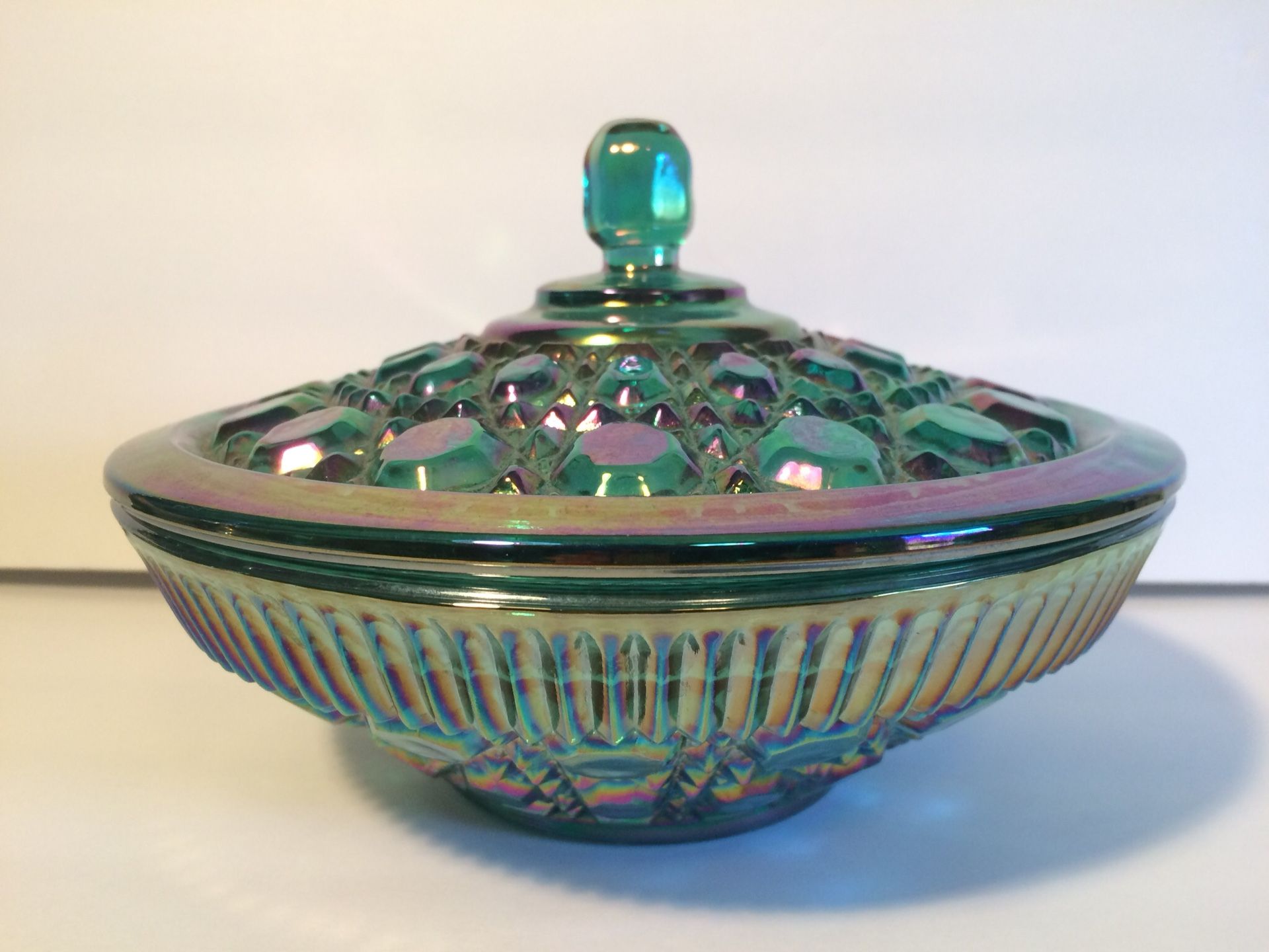 Vintage Iridescent Blue/Green Carnival Depression Glass Candy/Nut-Bowl with Lid