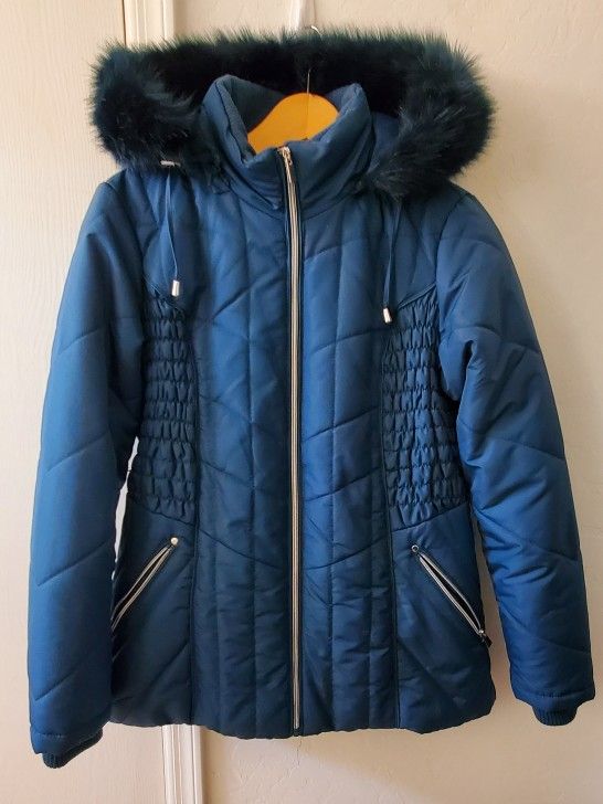 Women's Size Med Dark Teal Midlength Synthetic Down Alt. Coat/Parka w/Detachable Hood, Sportoli Brand