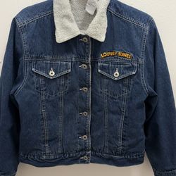 Vintage Looney Tunes Denim Sherpa Jacket Bugs Bunny Tweety Marvin Size M