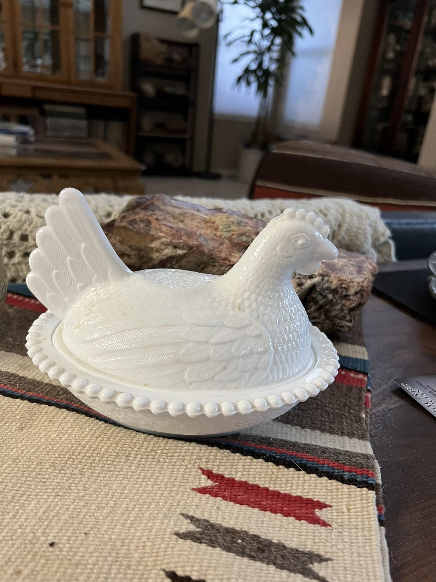 White Milk Glass Chicken Hen on Nest Covered Candy Dish Beaded 2 Pc Vintage