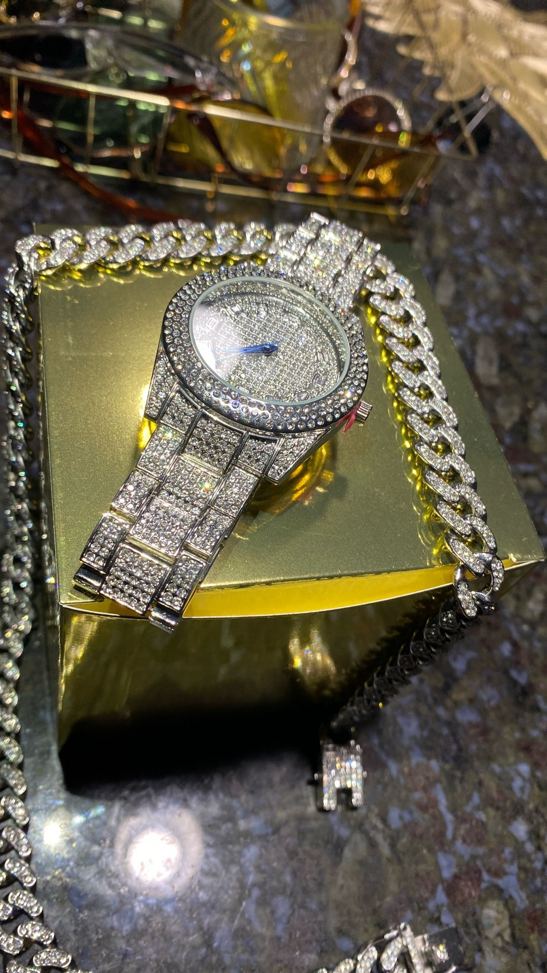 Cuban chain link 24 inch and watch set white silver lab ice stones, baby