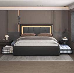 Queen Bed Frame with 4 Storage Drawers Underneath, Upholstered Platform Bed Queen Size with Artificial Leather Headboard, Modern Bed with LED Light, a