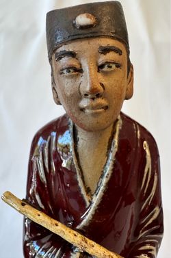 Vintage Chinese Shiwan Pottery Scholar Figurine Flute Mud Man 12" Wood Base