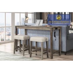 Modern Rustic 3-Piece Bar Table Set with Upholstered Stools