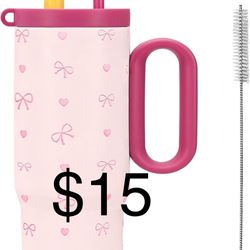 24oz Bow Tumbler with Handle and Straw,Insulated Stainless Steel Tumbler,Coffee Mug,Keep Drinks Hot and Cold,Cute Travel Mug,Gifts for Teens Women Mom