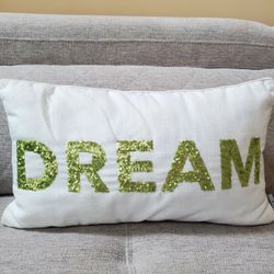 12" x 20" Lime Green Sequin "DREAM" White Decorative Pillow