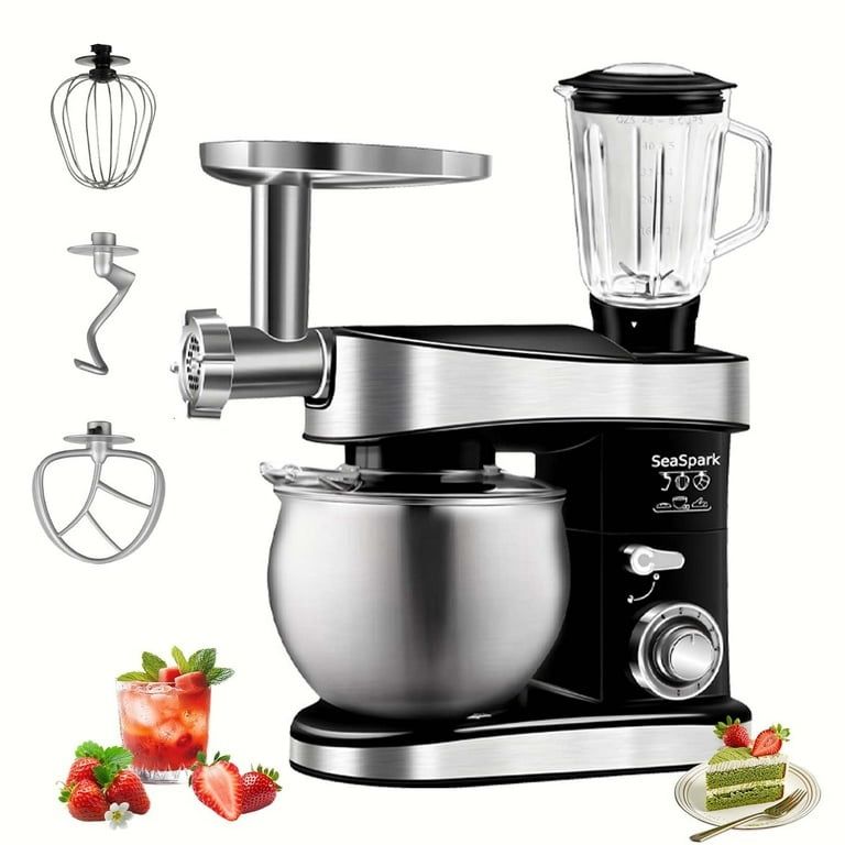 5 in 1 Multifunctional Stand Mixer, 6 Quart, Black with Meat Grinder, Juice Blender, Egg Beater