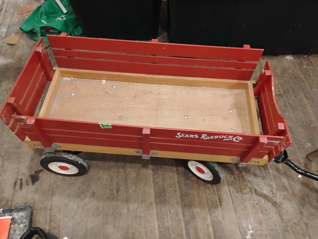 Vintage Sears Roebuck Red Wooden Wagon – Classic Collector Piece