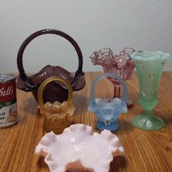 Vintage Lot Of Fenton Art Glass Six Pieces Perfect Condition For $29 Hand Painted Baskets Vase Dish Ruffled Pedestal