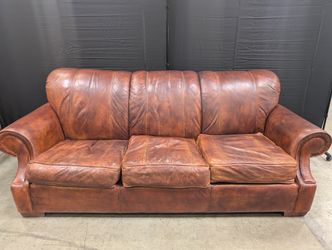 Classic Brown Leather Three-Seater Sofa with Rolled Arms