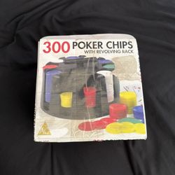 New Never Used Fun 300 Poker Chip Set With Revolving Rack + Pack Of Cards + Pack Of Fake Money 
