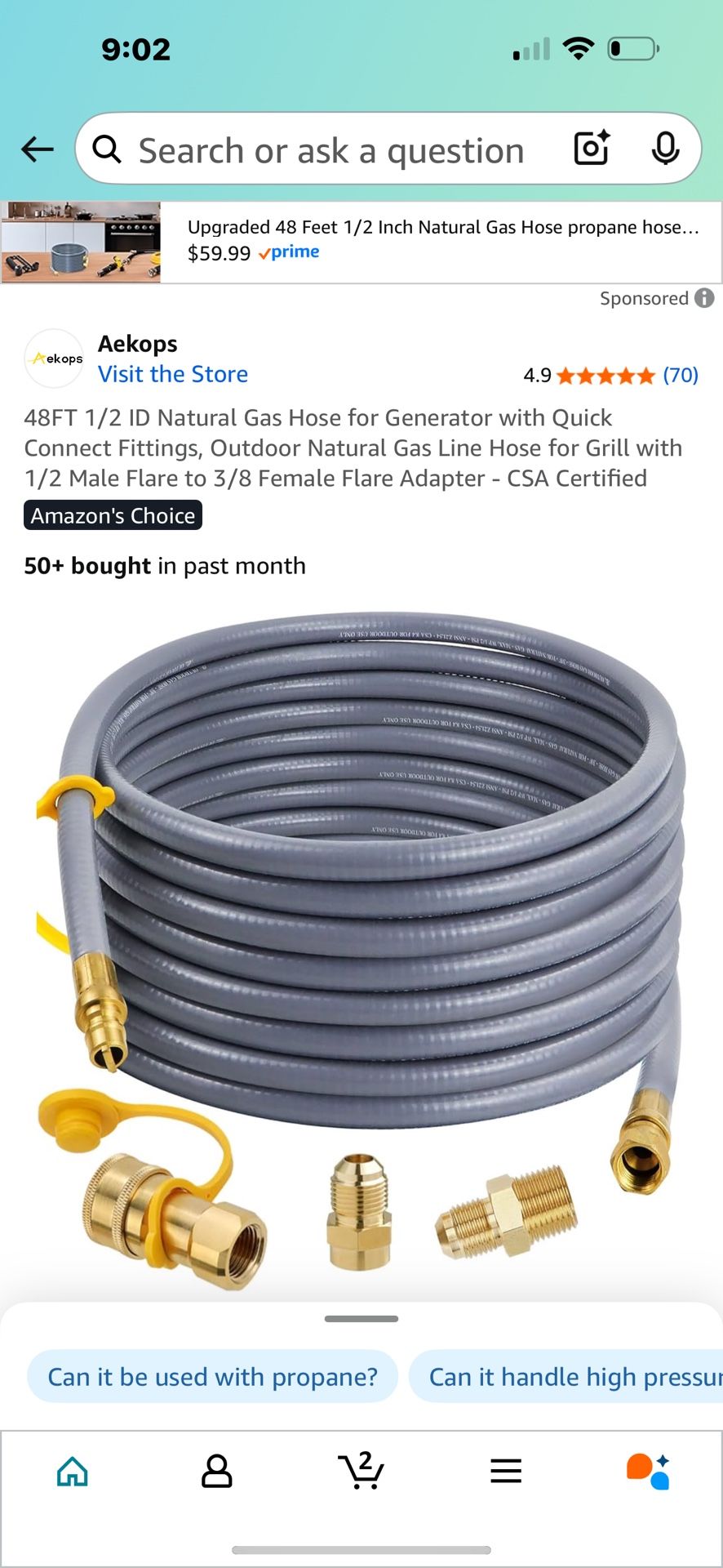 48FT 1/2 ID Natural Gas Hose for Generator with Quick Connect Fittings