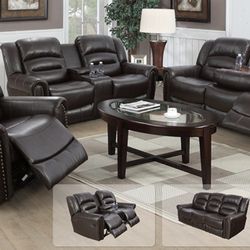 Brown Leather Fully Reclining Couch Set 