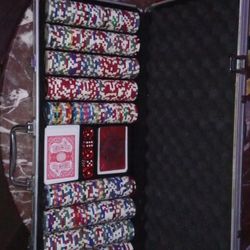 Poker Chip Set With Lock And Key And Dice, Cards.