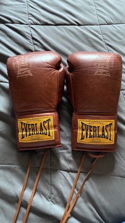 Everlast 1910 Premium Leather Laced Sparring Gloves Old School Boxing 14oz Brown
