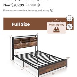 Full Size Bed Frame With Shelves And Charging Station Brand New