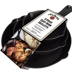 Jim Beam 3 Piece Cast Iron Skillet Set Pre Seasoned 6" 8" & 10" Inch Pans BBQ195