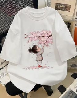 White Graphic T-Shirt Cherry Blossom Print