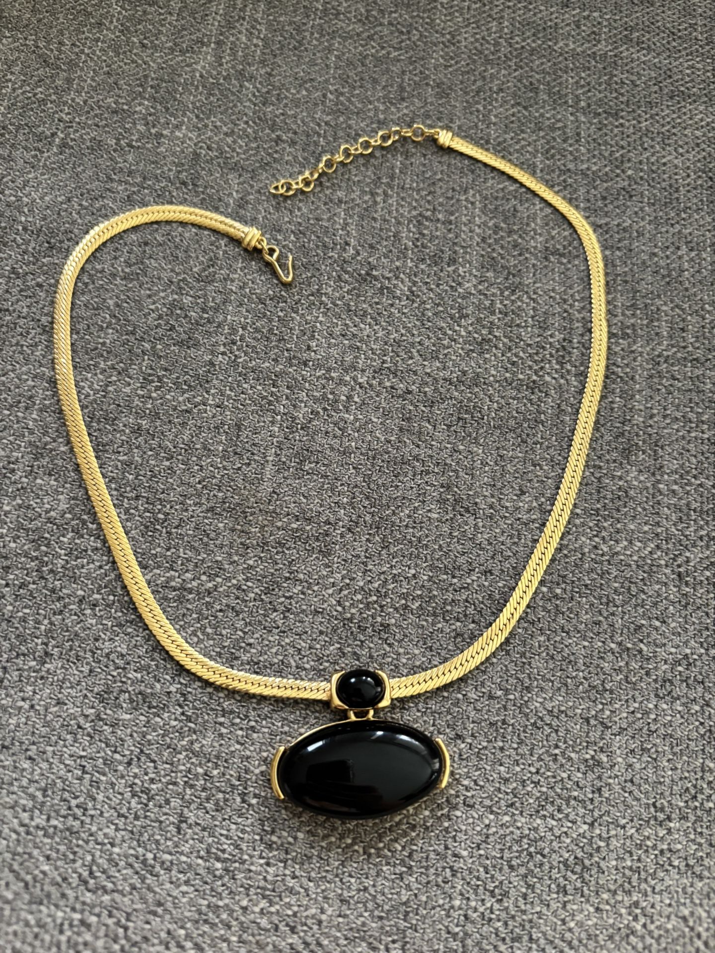 Signed Monet Black Lucite Cabochon Pendant Herringbone