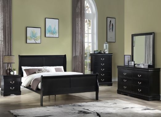 4pc QUEEN bedroom set black includes queen bed, dresser, mirror and nightstand. Mattress set, chest and extra nightstand available. Pick up can delive