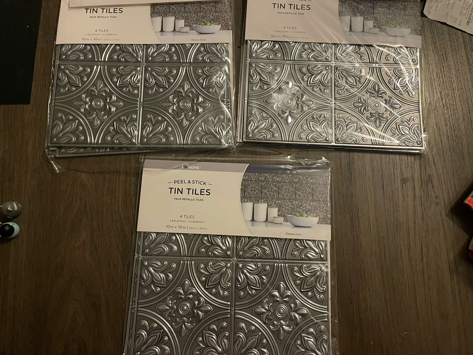 New Antique Faux Tin Peel & Stick 10 in x 10 in Metallic Silver 12 tiles