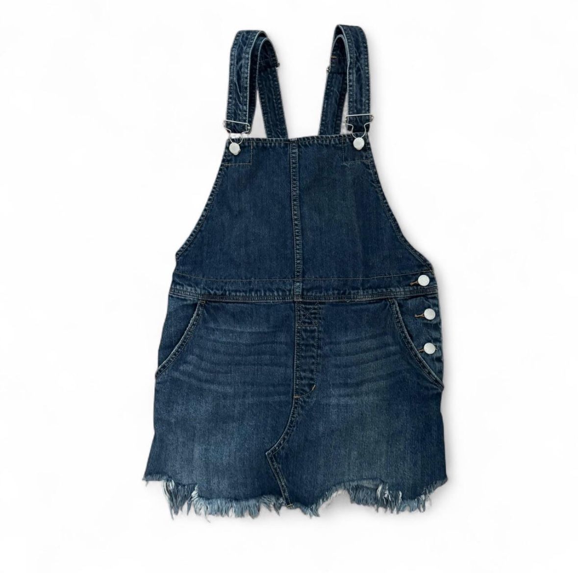 Free people denim frayed torn up pinafore jumper overall mini dress