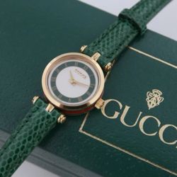 Vintage Gucci Women’s Watch – Green Dial, Swiss Made, Crocodile Leather  / W Box