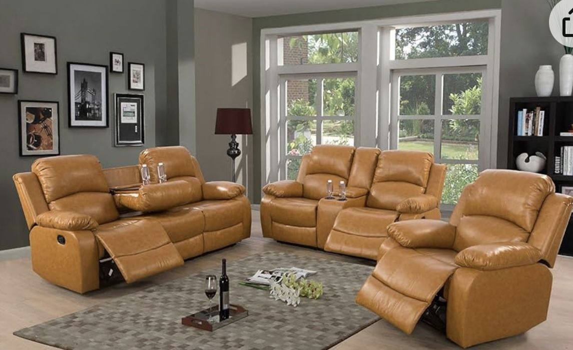 Carmel Brown Leather Fully Reclining Three Piece Couch Set