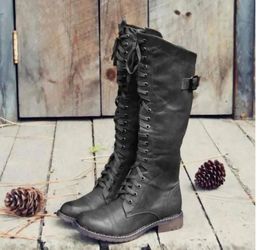 New Vintage Black Faux Leather Lace up Military Combat Boots, knee high, zipper and buckle detail on the side. European size 41-42 fits 9-9.5 USA size