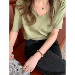 women's summer low neck solid color short sleeve T-shirt