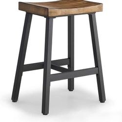 OUllUO Counter Bar Stools, Counter Height Bar Stools, Brown Solid Wood Saddle Stools with Metal Legs, 24 Inch Kitchen Counter Stools, Stools for Dinin