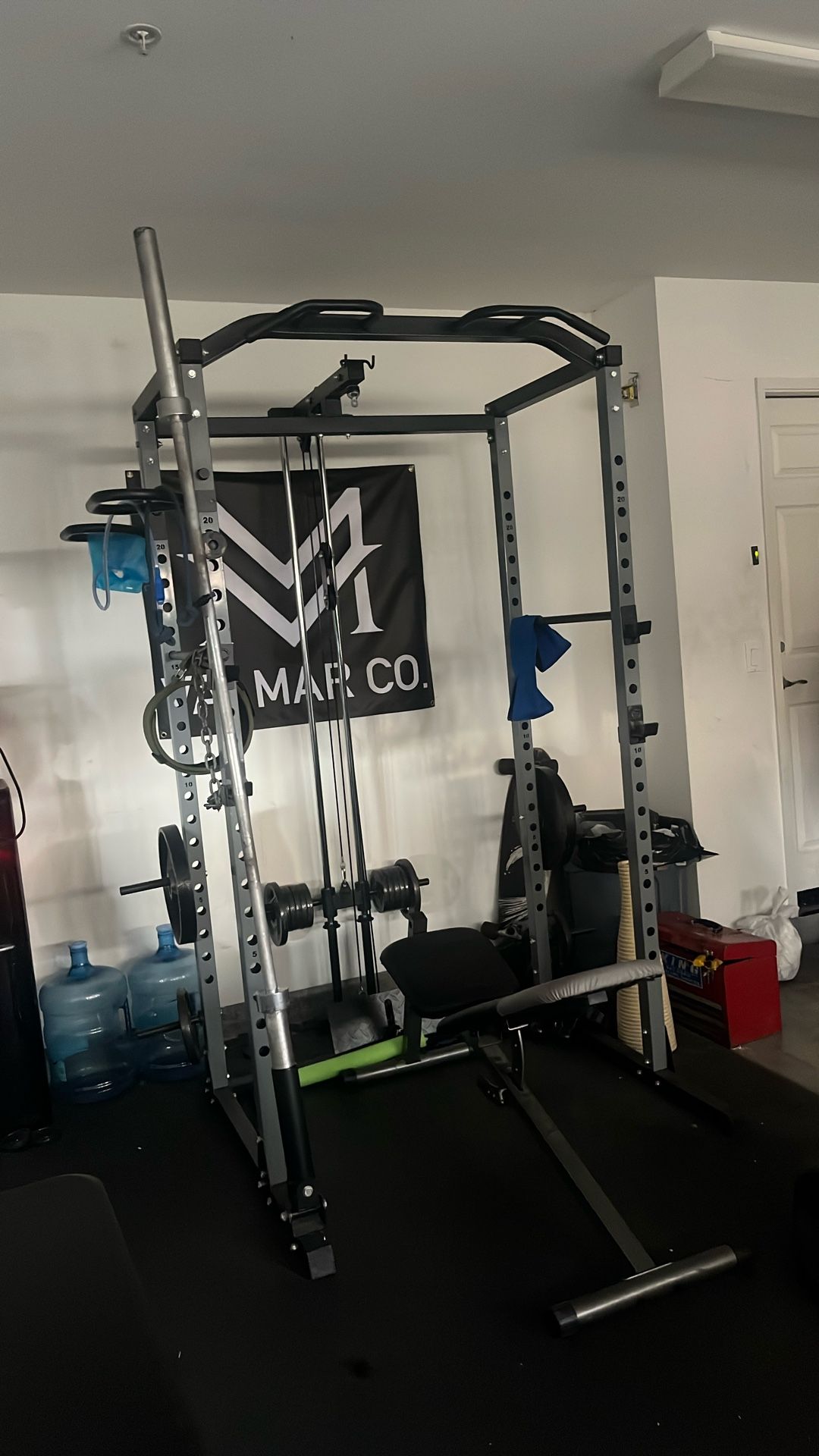 Bench press, squat,cable fly, pull up bar, weights