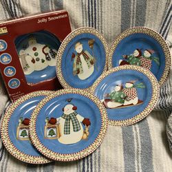 Vintage Debbie Mumm Jolly Snowmen Dessert Salad Plates 8” Sakura 2000 Set Of 6 