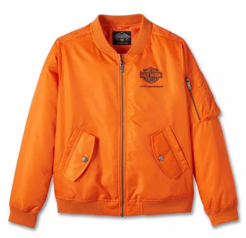 NEW Harley Davidson 120th Anniversary Orange Satin Bomber Jacket Womens Large