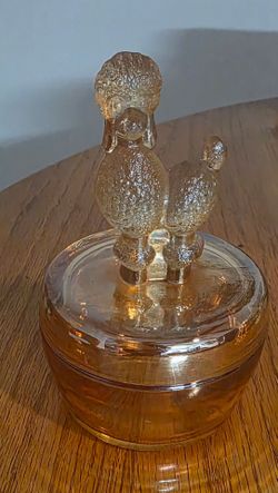 Vtg. Jeannette Marigold Carnival Glass Poodle Dog Lid Covered Powder Jar