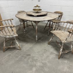 Antique Farmhouse Bleached White Shabby Chic Lazy Susan Dining Table Set & 4 Duckloe Bros Colonial Barrel Back Windsor Dining Chairs - FREE Delivery