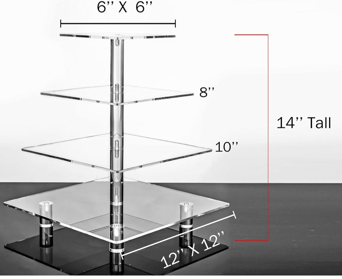 Set Of 3 Large 4 Tier Square Acrylic Cupcake Tower Stand for Dessert, Pastry, Serving Platter-Candy Bar Party Décor and Supply(with Rod Feet)