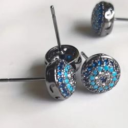 Exquisite Micro Pave Gun Black Rhodium Plated Turquoise Blue Cubic Zirconia 9mm Unisex Stud Earrings 
