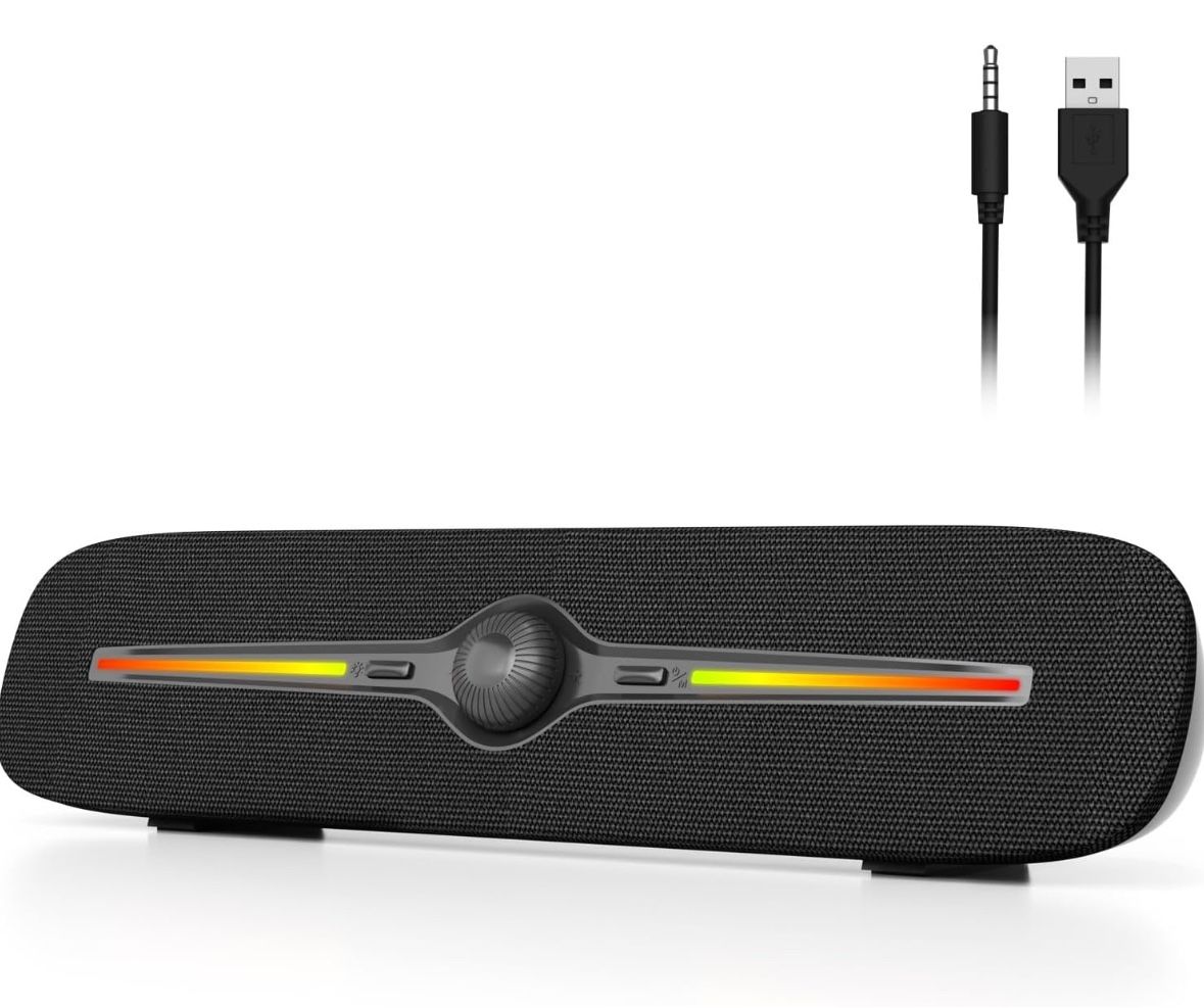 R90 Bluetooth Computer Speakers for Desktop, USB Powered 3.5mm AUX PC Speakers with LED Dynamic Light, Portable Soundbar Speaker with Rotary Volume Co