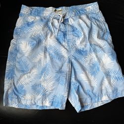 Men's Light Blue Palm Print Swim Trunks