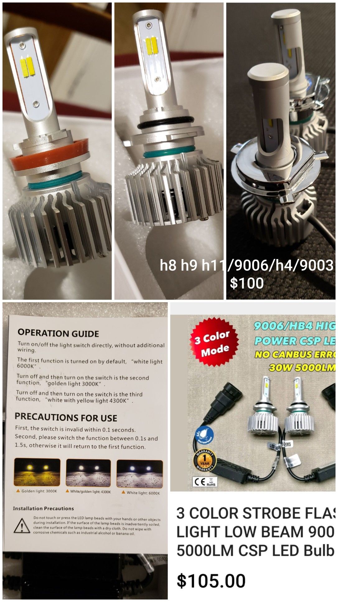9003/h4/9006/hb4/h8 h9 h11 led bulbs new! Easy plug n play installation. Today n Tomorrow only $70