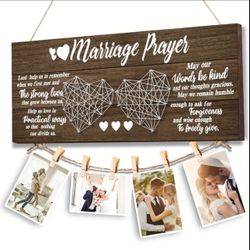 Rustic Wooden Marriage Prayer Photo Holder with Clips – Handmade Wall Art for Wedding, Bridal Shower, Engagement – Charming Picture Display for Couple