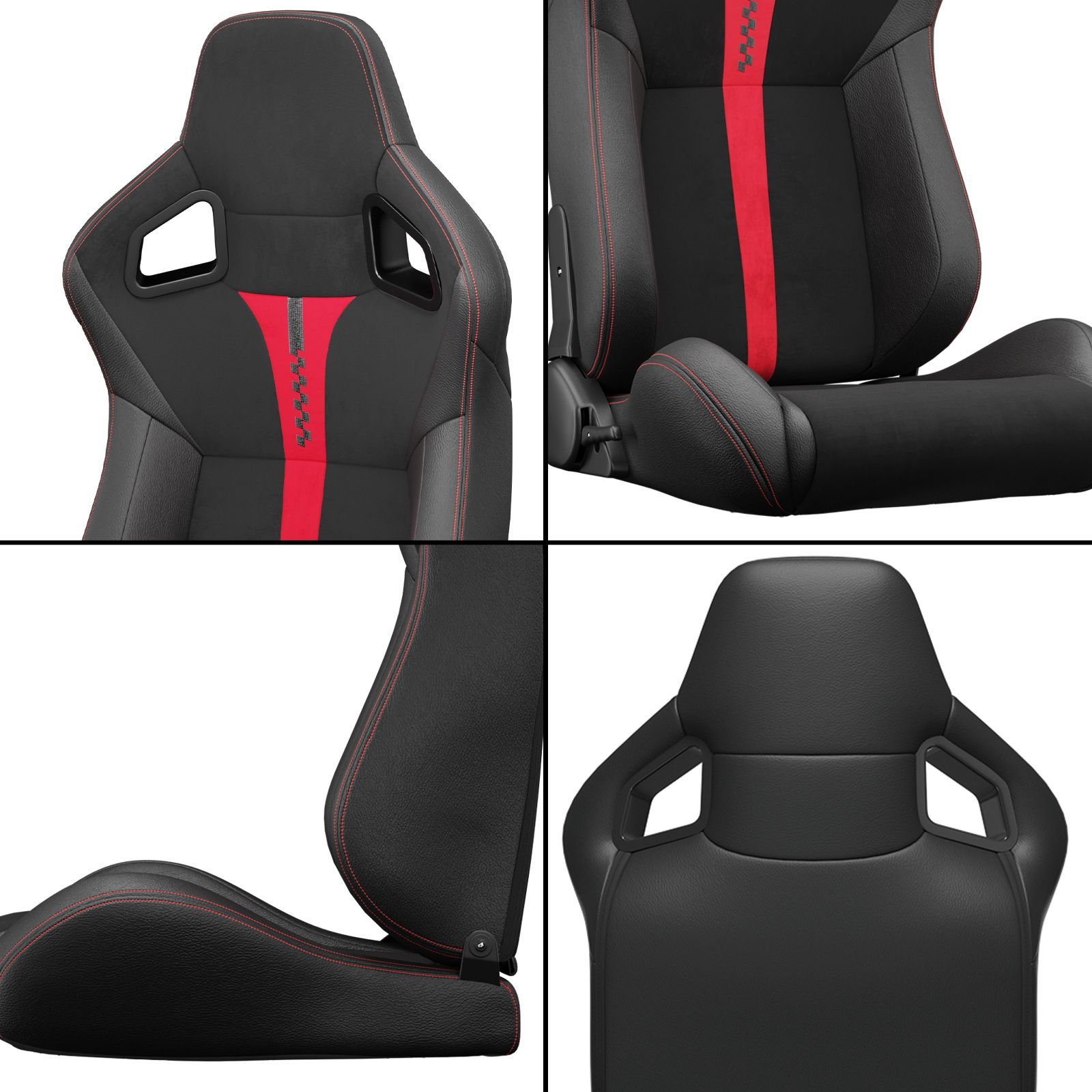 2PC New Universal Bucket Racing Seats Red Stitch Red PVC Leather Reclinable Carbon Look Leather Back With Adjustor Slider(Not Including Seat Bracket )